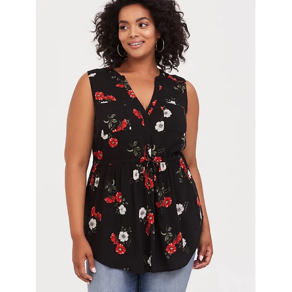Black Floral Drawstring Babydoll Tunic